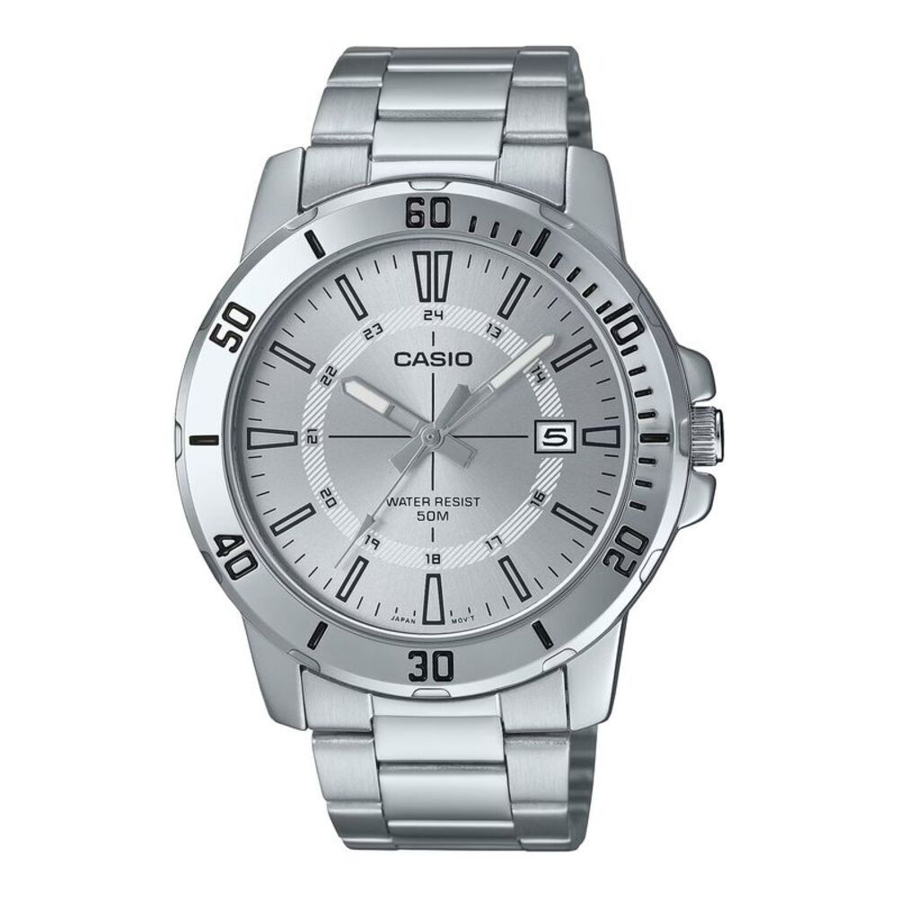 Casio Men’s Silver Dial Stainless Steel Analog Watch – MTP-VD01D-7CVUDF